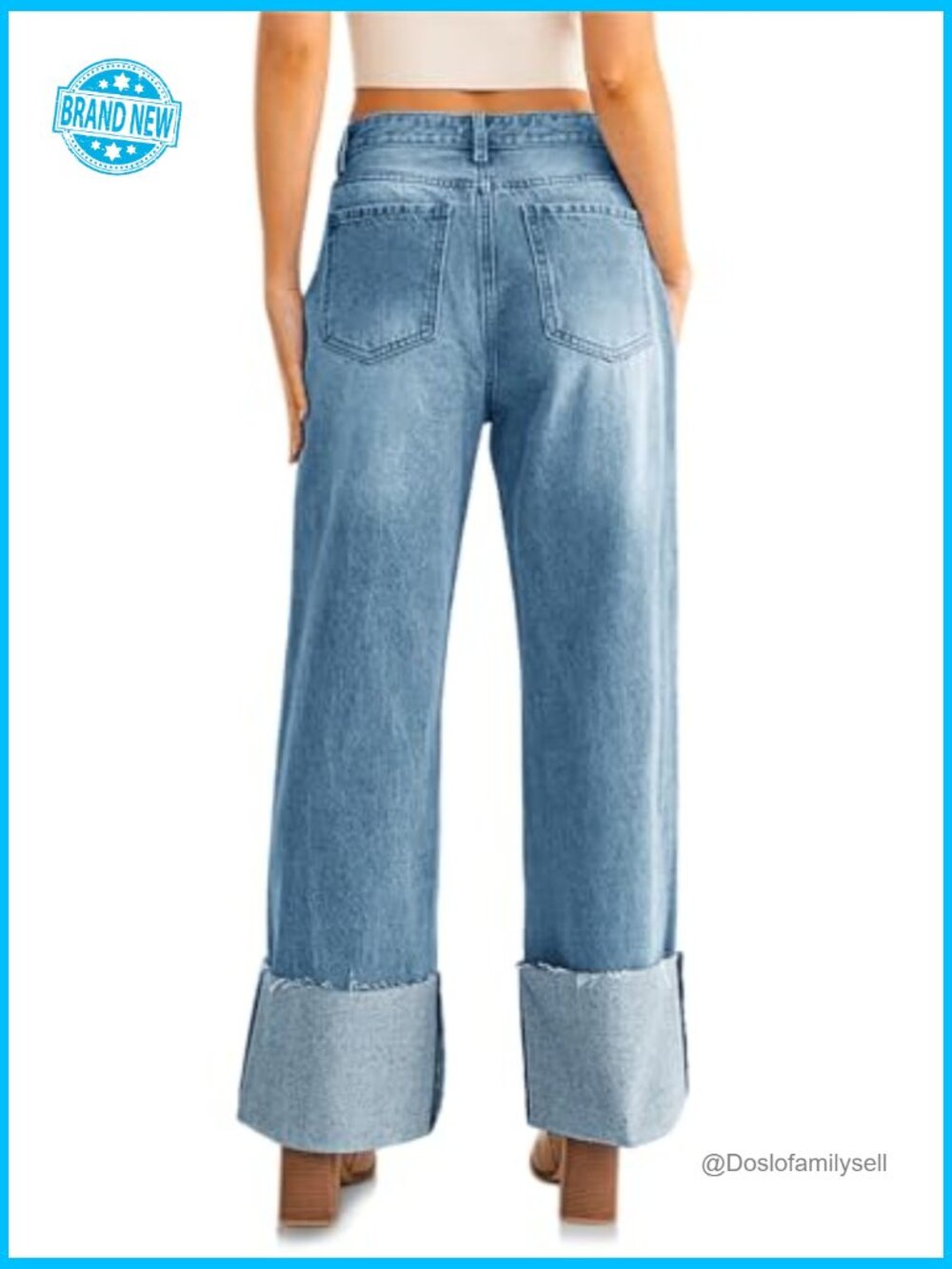 Baggy Cuffed Boyfriend Jeans Casual Straight Leg Denim Pants with Pockets - Picture 4 of 7